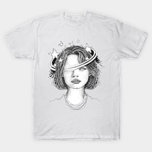 Woman on a celestial theme with stars. T-Shirt